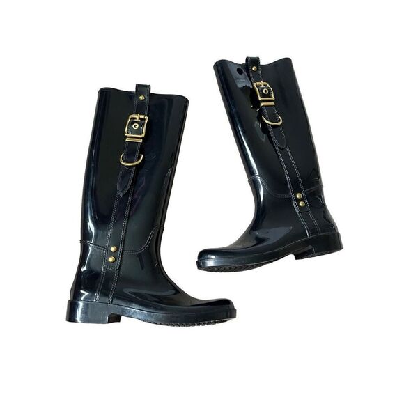 Coach Tasha Black Shiny Finish Rubber Boots Size 6 Rare - Picture 1 of 12